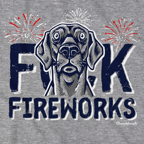 Close-up of F Fireworks USA Dog shirt design — patriotic dog illustration