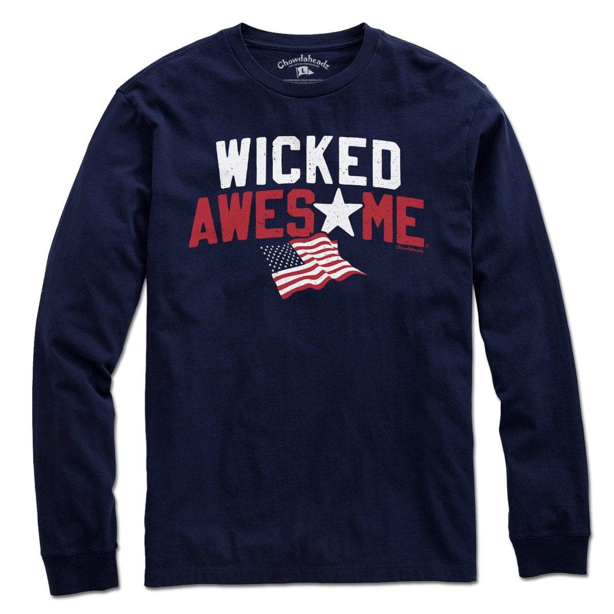 Wicked Awesome USA long sleeve in navy — Boston-voice lettering chest graphic
