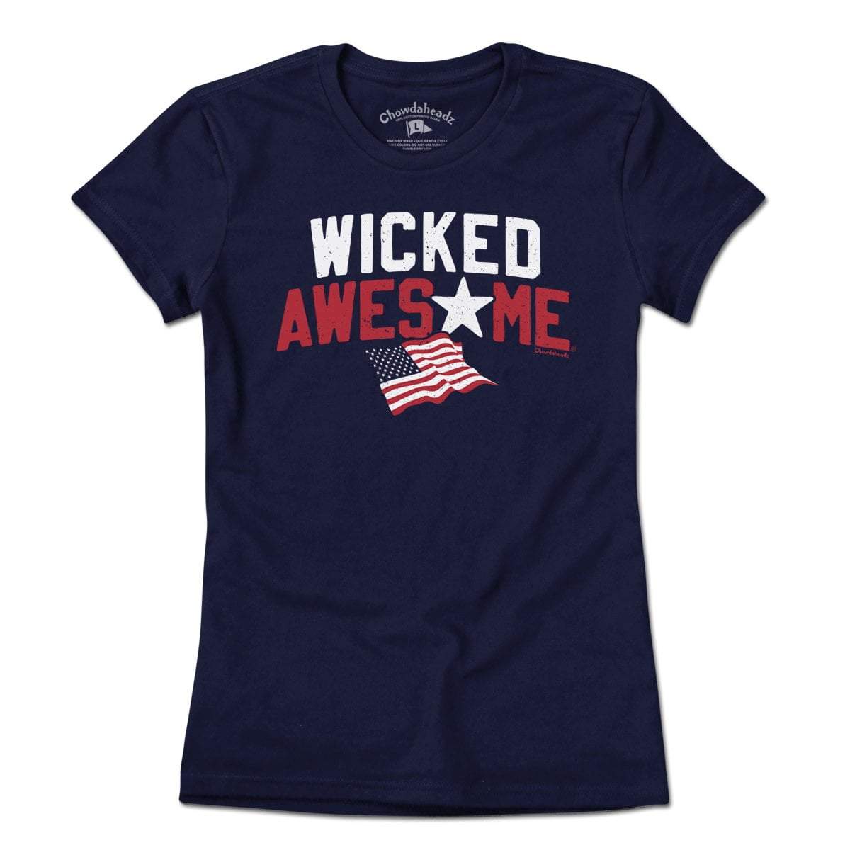 Wicked Awesome USA ladies tee in navy — women's cut Boston patriotic graphic