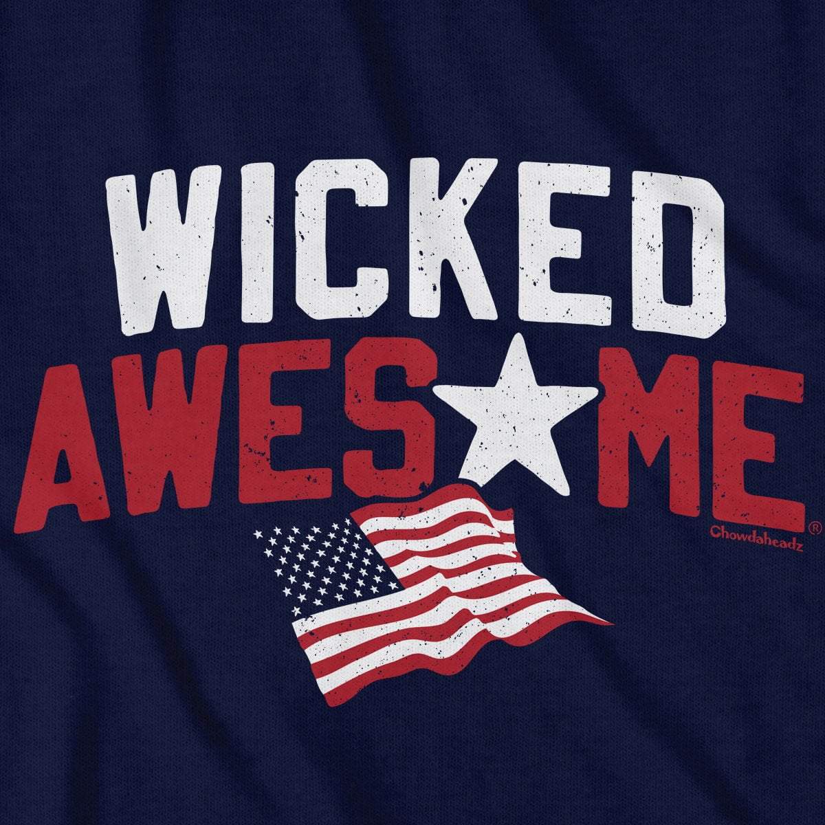 Close-up of navy Wicked Awesome USA t-shirt design — Boston-voice lettering and flag detail