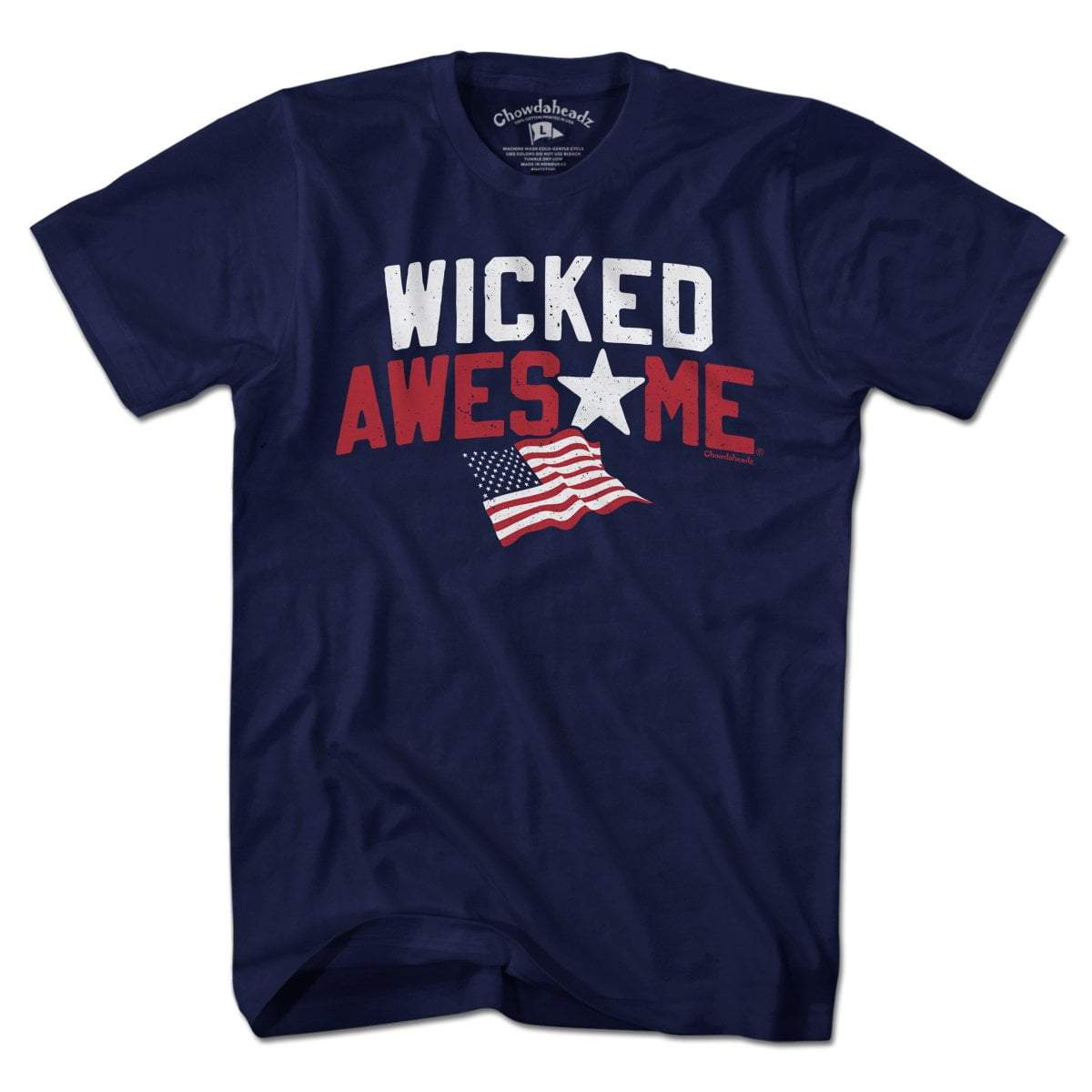 Wicked Awesome USA t-shirt in navy — Boston-voice lettering on stars-and-stripes