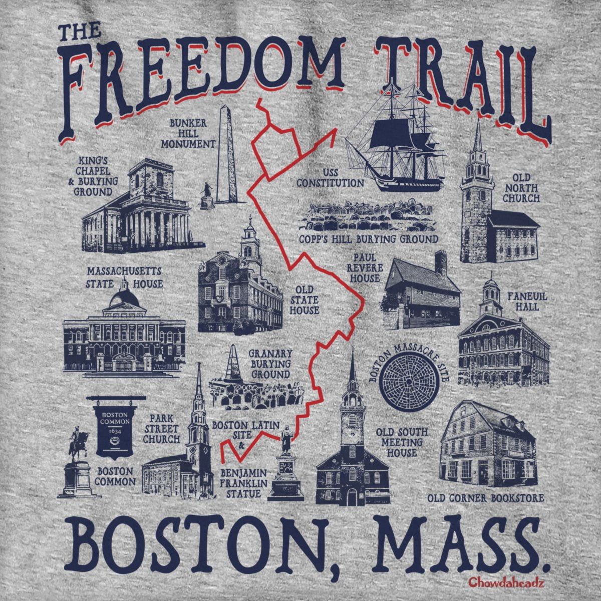 Boston Freedom Trail Sites Hoodie - Chowdaheadz
