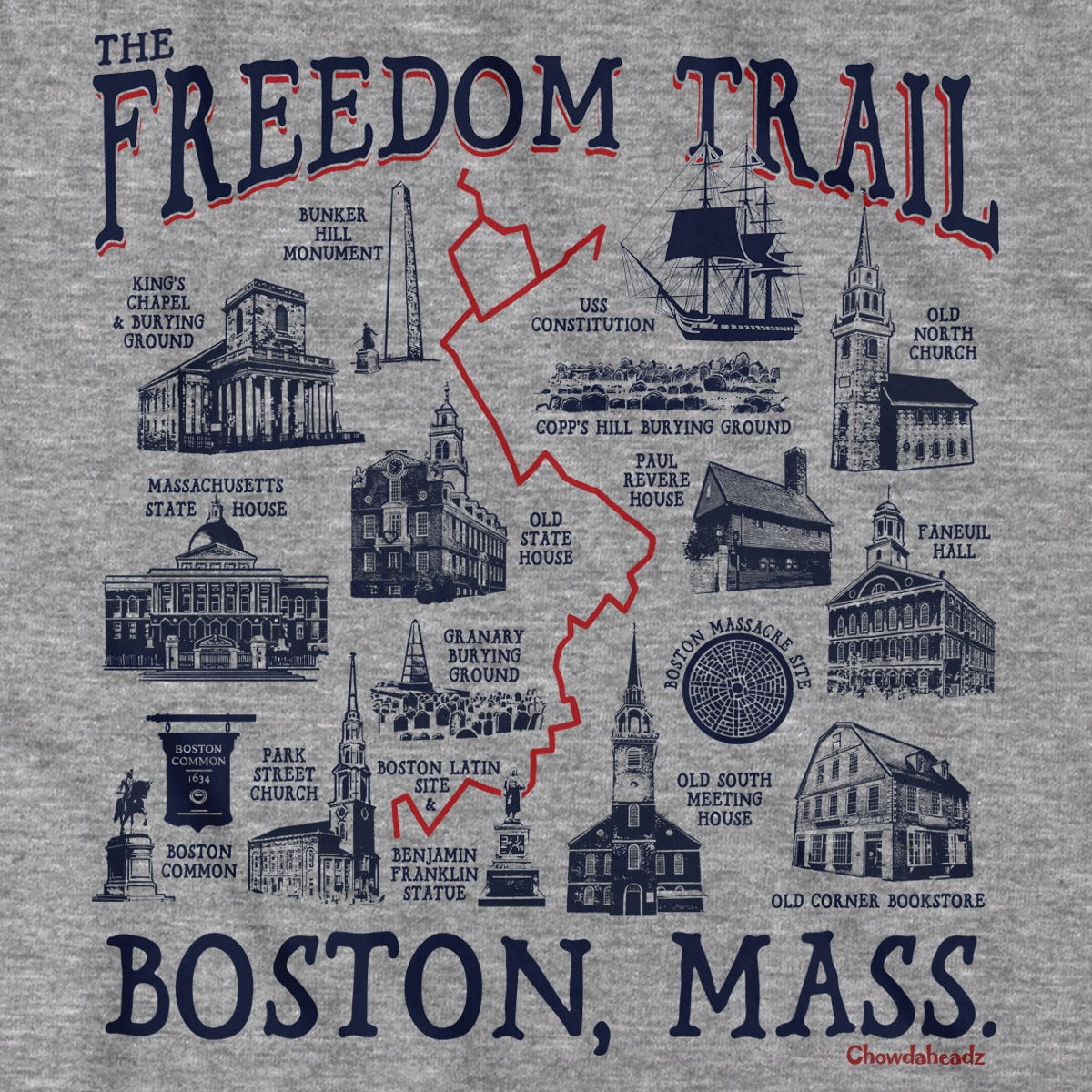 Boston Freedom Trail Sites T-Shirt - Chowdaheadz