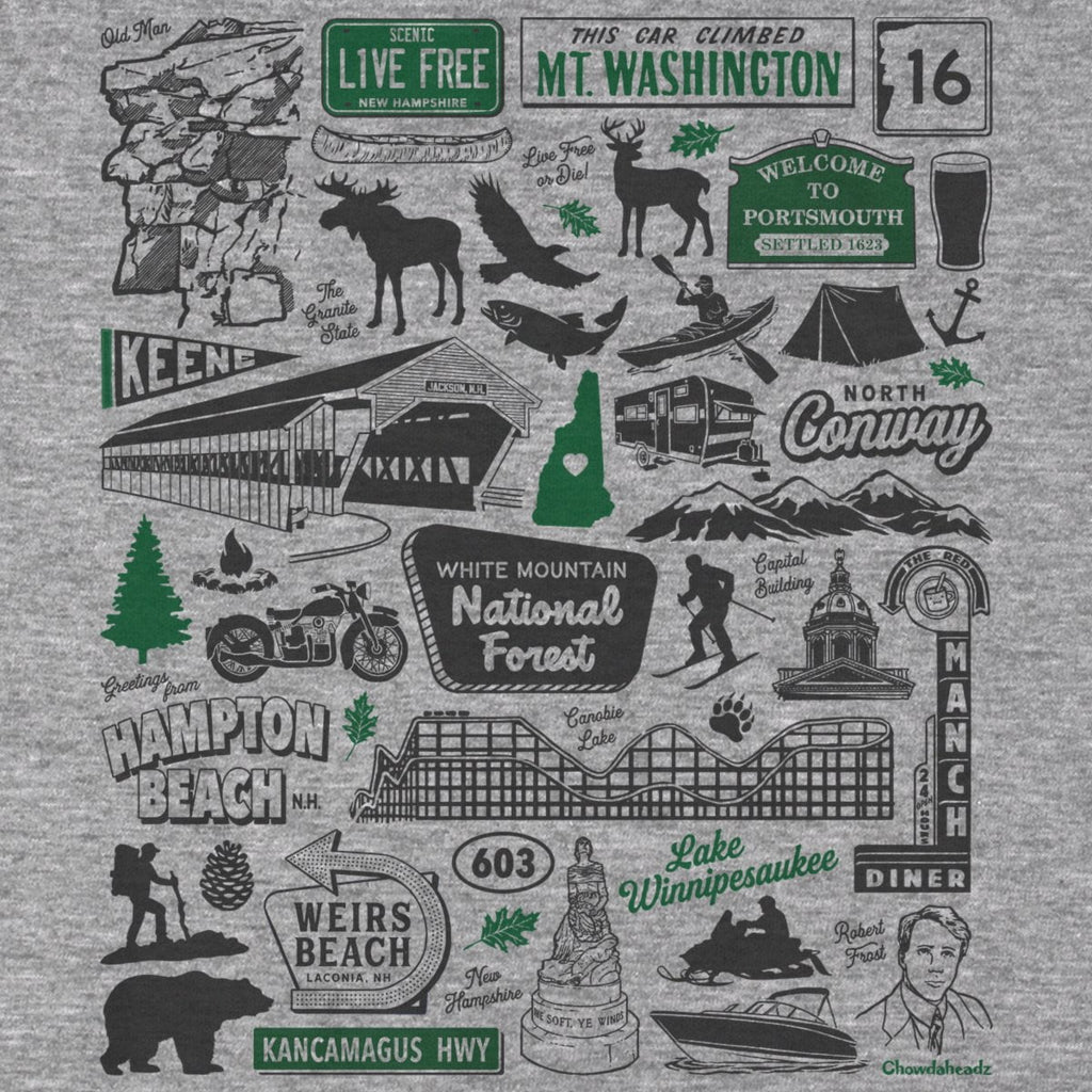 New Hampshire Tourist Attraction T-Shirt — graphic detail in Gray