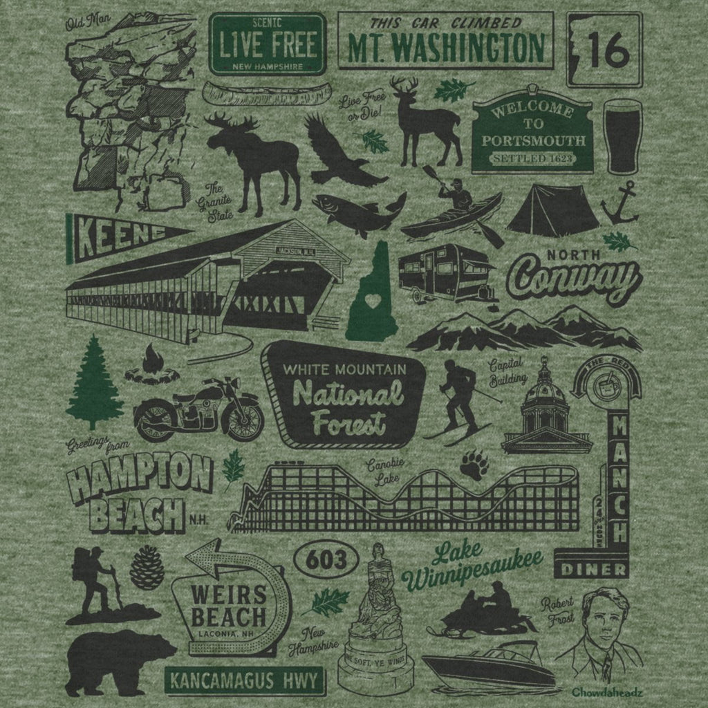 New Hampshire Tourist Attraction T-Shirt — graphic detail in Military Green