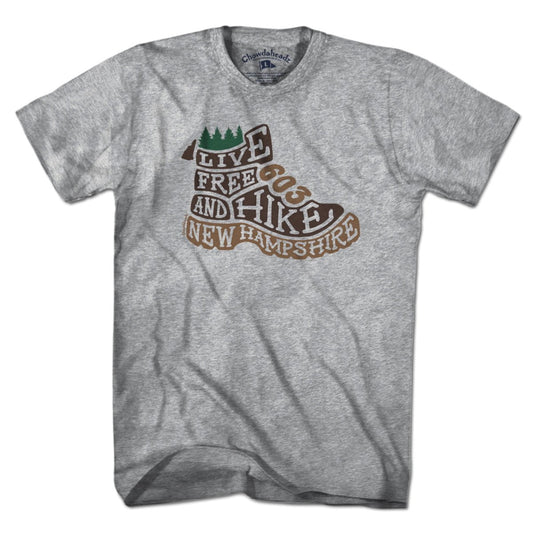Live Free New Hampshire Hiking Boot T-Shirt - Chowdaheadz