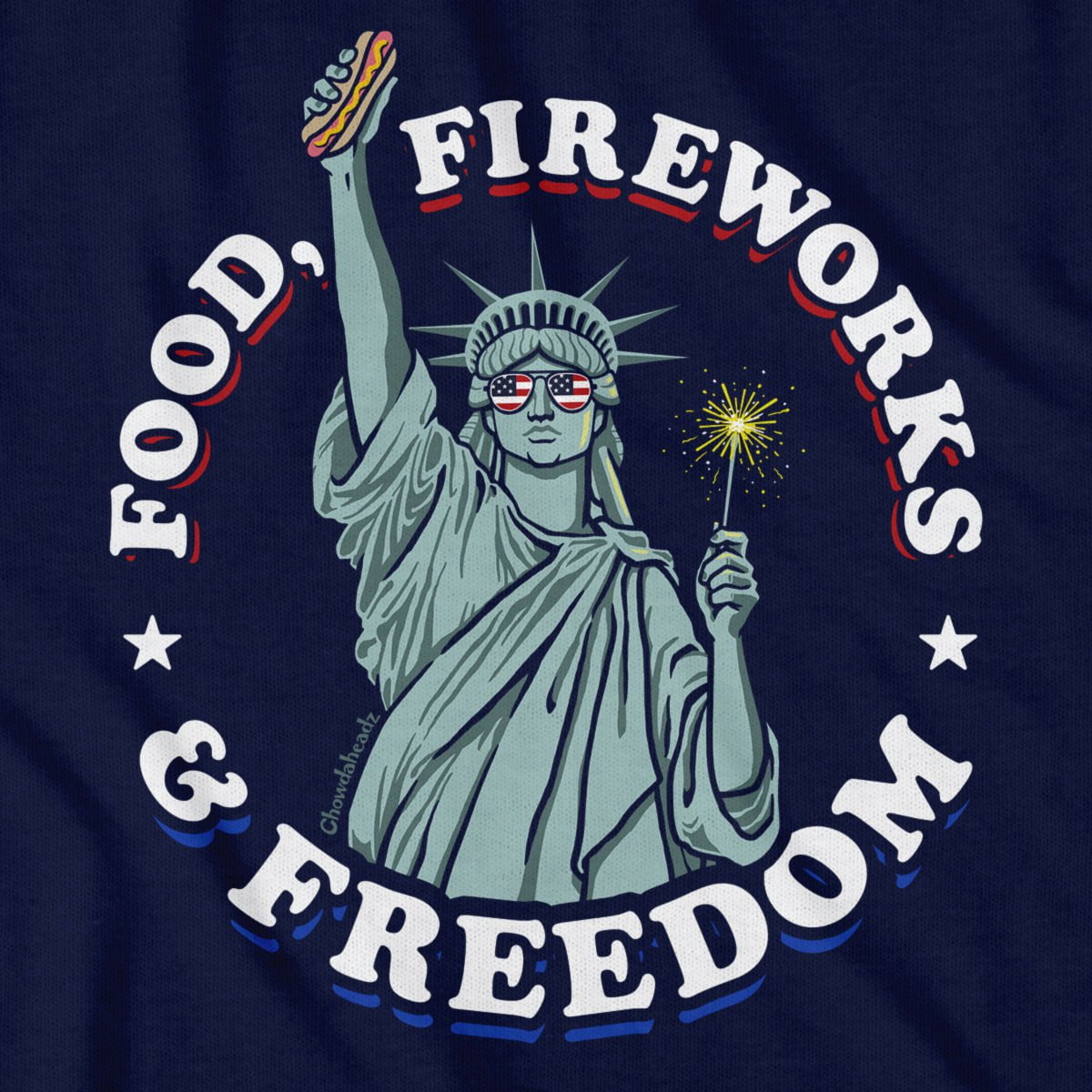 Close-up of Food Fireworks & Freedom shirt design — three-Fs and flag detail