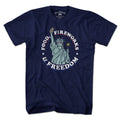Food Fireworks & Freedom USA t-shirt with three-Fs lettering and stars-and-stripes graphic — July 4th tee