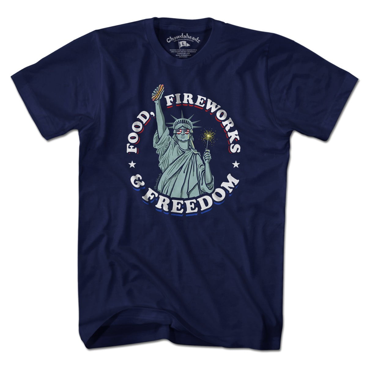Food Fireworks & Freedom USA t-shirt with three-Fs lettering and stars-and-stripes graphic — July 4th tee