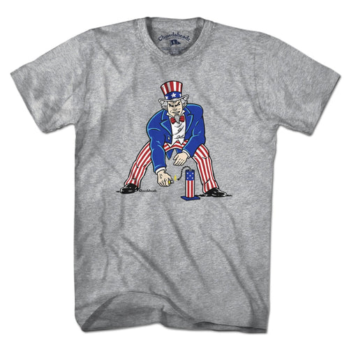 Three Point Stance Uncle Sam t-shirt with Uncle Sam football graphic — funny patriotic football tee