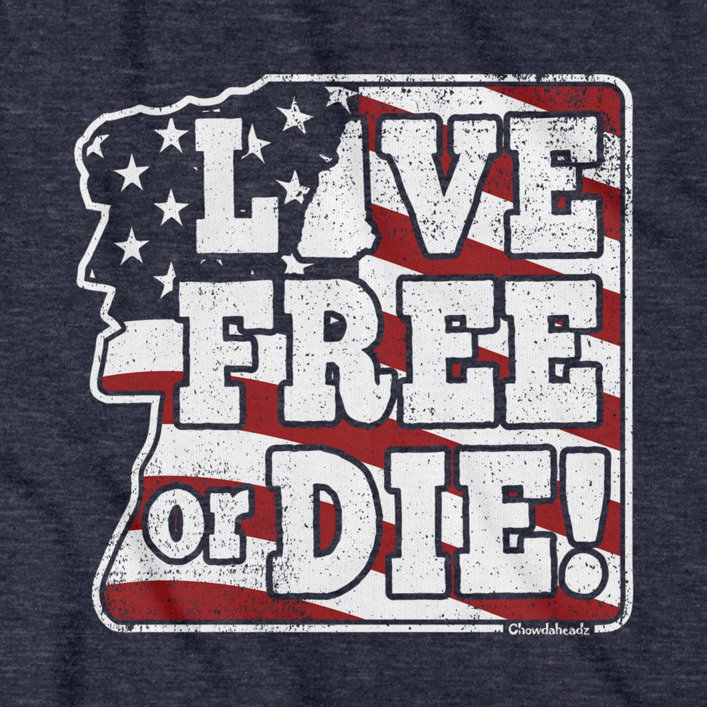 Close-up of Live Free or Die USA shirt design — motto and flag detail