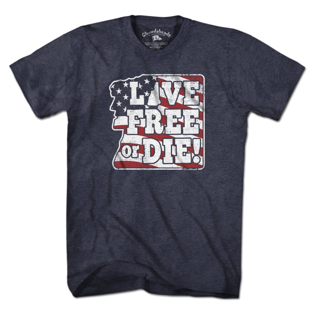 Live Free or Die USA t-shirt with bold motto lettering and stars-and-stripes accent — patriotic motto tee