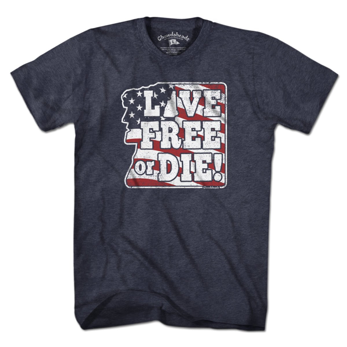 Live Free or Die USA t-shirt with bold motto lettering and stars-and-stripes accent — patriotic motto tee