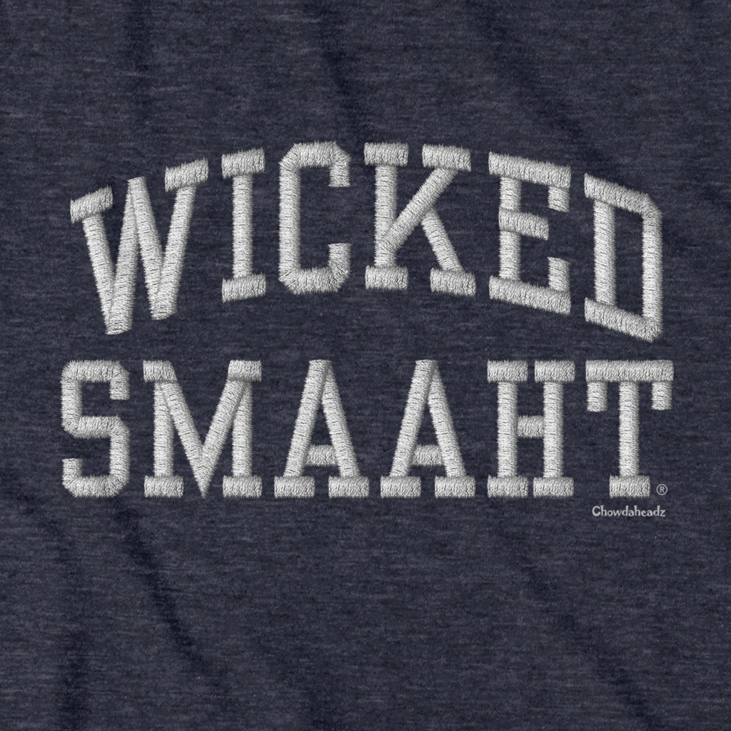 Wicked Smaaht Faux Embroidery Hoodie — graphic detail in Heather Blue