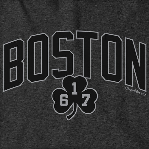 Boston Arch 617 Shamrock Blackout Hoodie — graphic detail in Charcoal