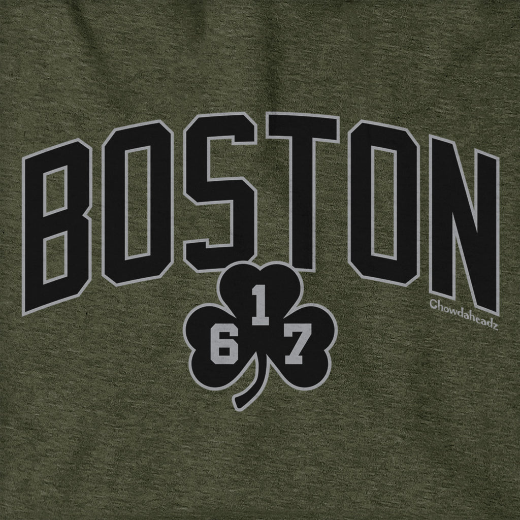 Boston Arch 617 Shamrock Blackout Hoodie — graphic detail in Military Green