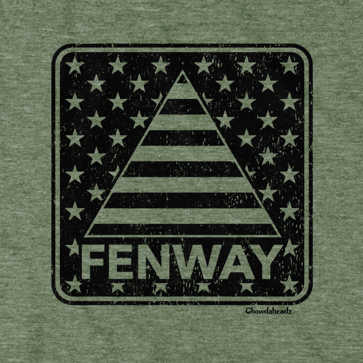 Close-up of Fenway Stars & Stripes blackout shirt design — monochrome flag detail