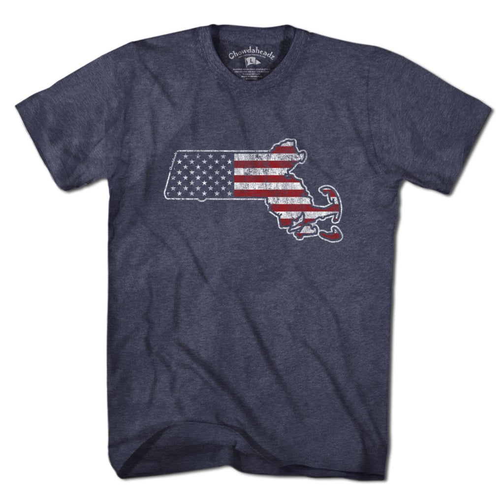 Mass America t-shirt with Mass-meets-flag graphic — Massachusetts patriotic tee