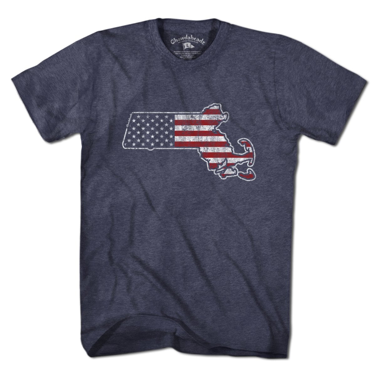 Mass America t-shirt with Mass-meets-flag graphic — Massachusetts patriotic tee
