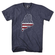 American Maineiac USA t-shirt with bold lettering and stars-and-stripes accent — Maine pride tee