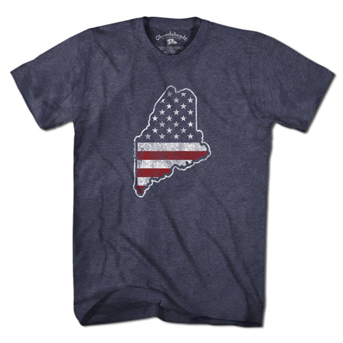 American Maineiac USA t-shirt with bold lettering and stars-and-stripes accent — Maine pride tee