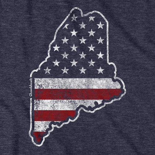Close-up of American Maineiac t-shirt design — Maine and flag illustration detail