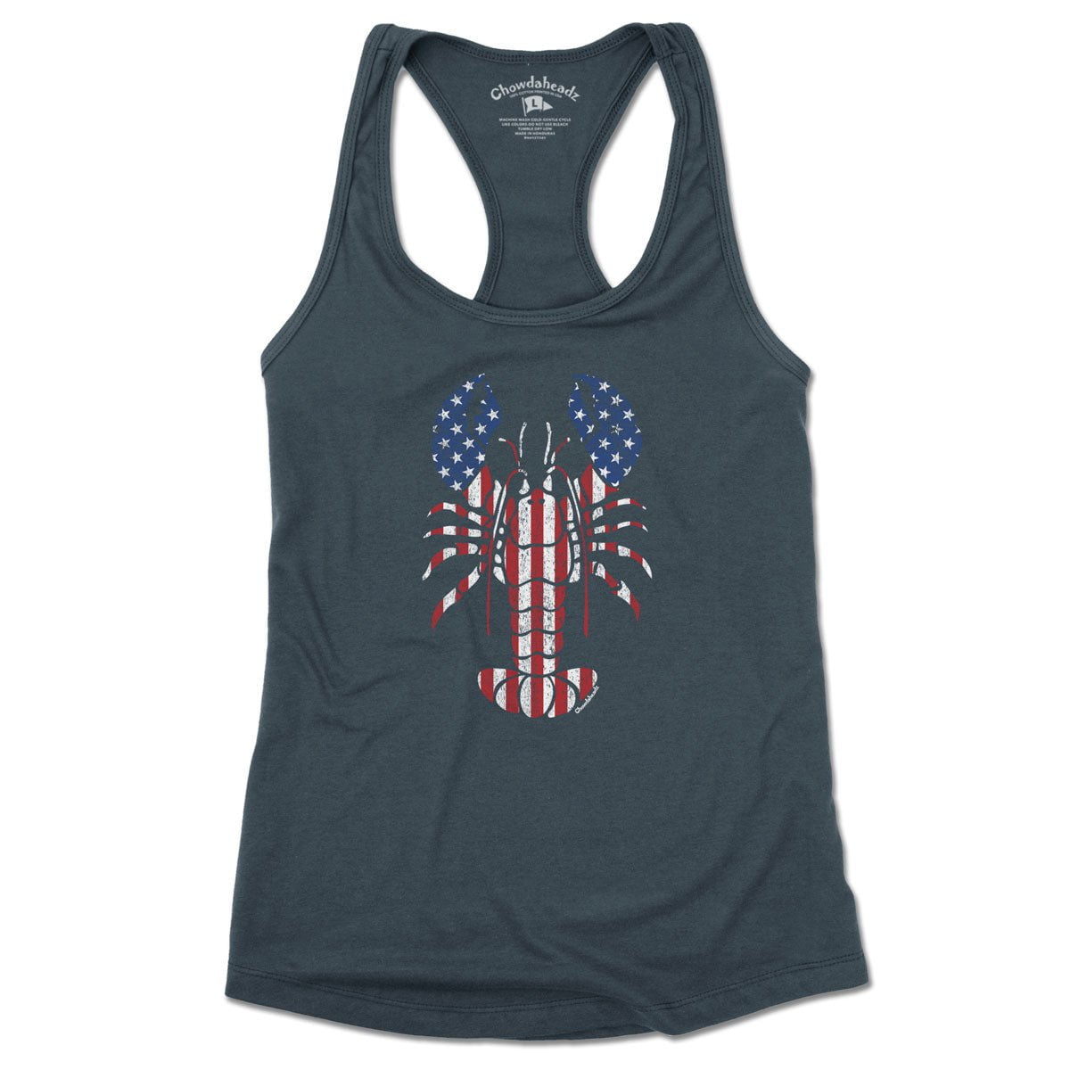 Lobstah 'Merica women's tank top in indigo — patriotic lobster graphic