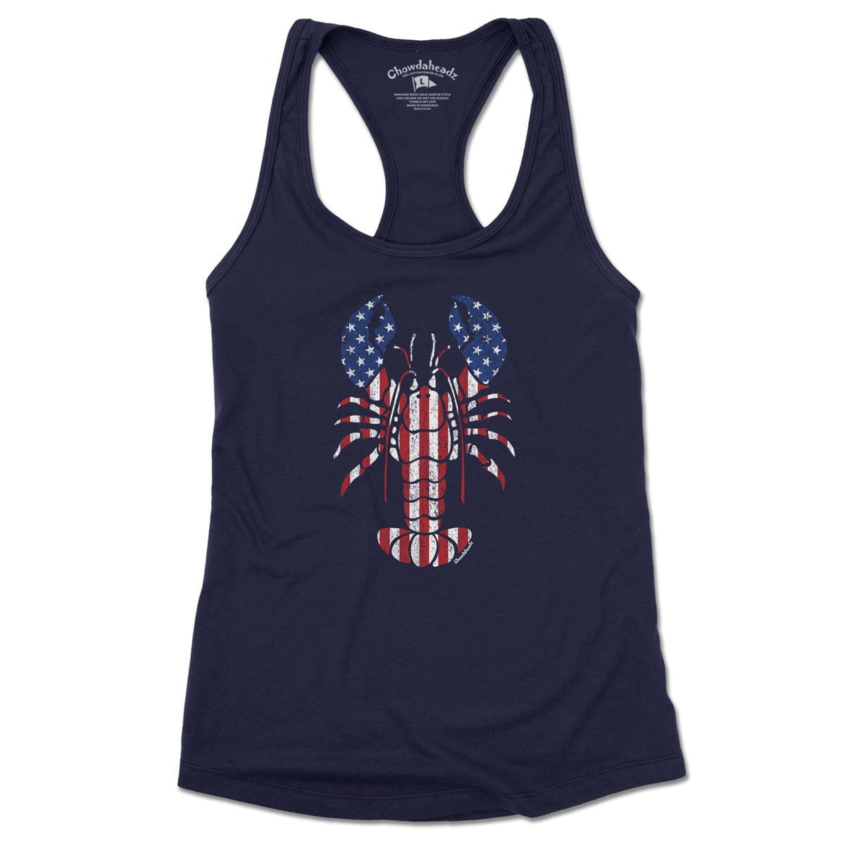 Lobstah 'Merica women's tank top in midnight navy — patriotic lobster graphic