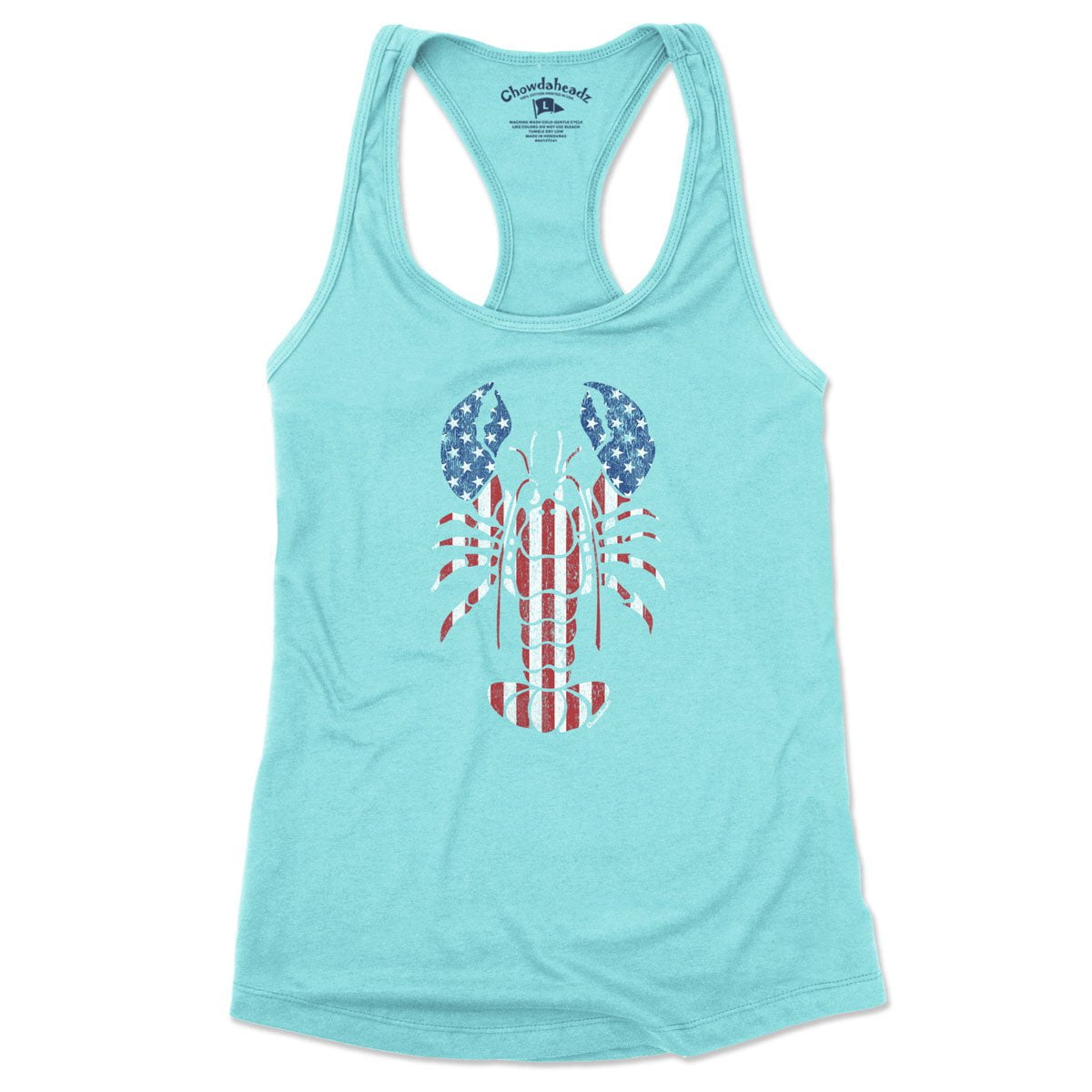 Lobstah 'Merica women's tank top in Tahiti Blue — patriotic lobster graphic