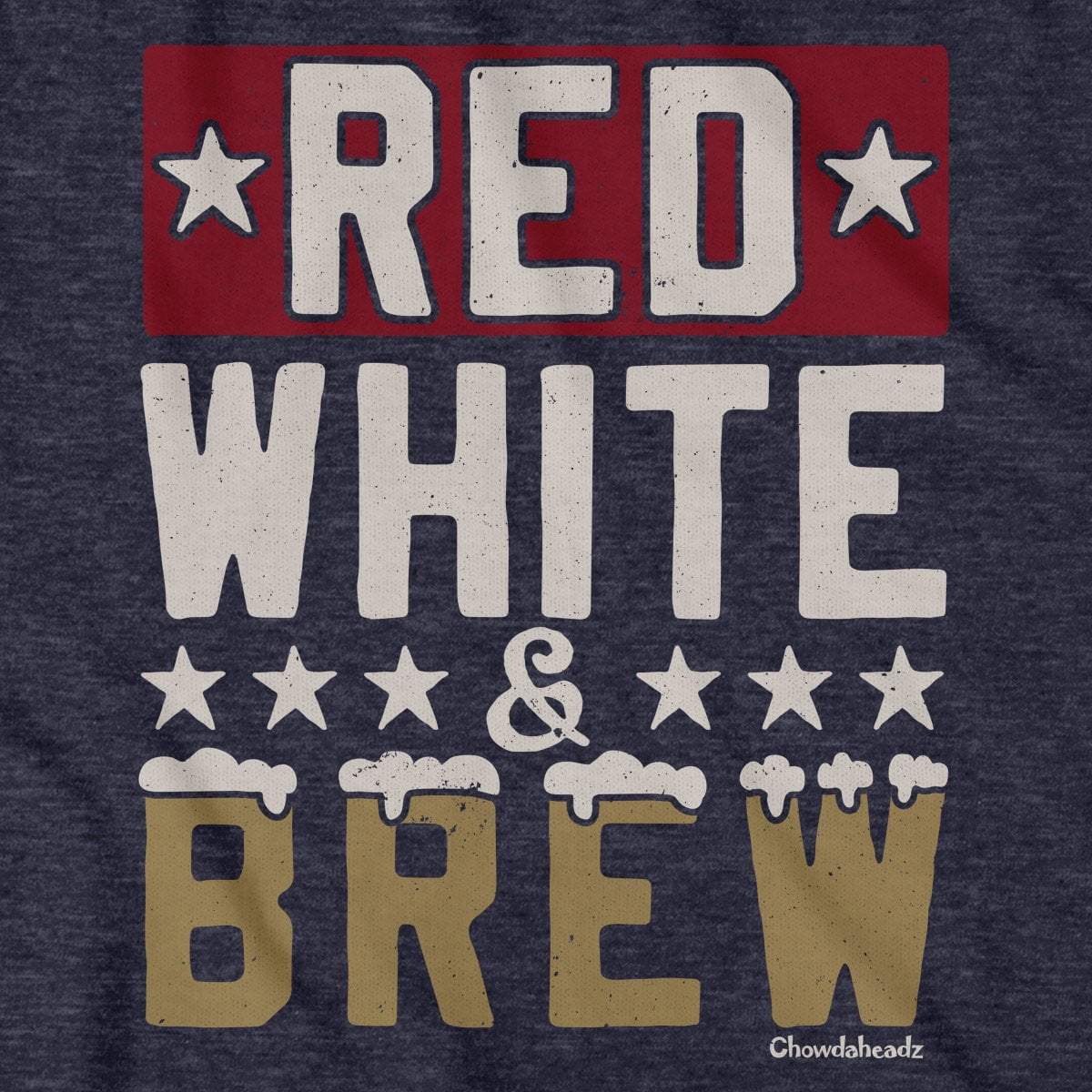 Close-up of Red White and Brew shirt design — pun lettering and beer illustration