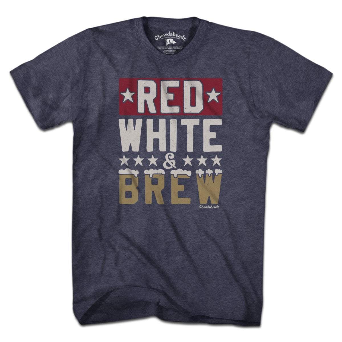 Red White and Brew USA t-shirt with bold pun lettering and patriotic beer graphic — funny patriotic beer tee