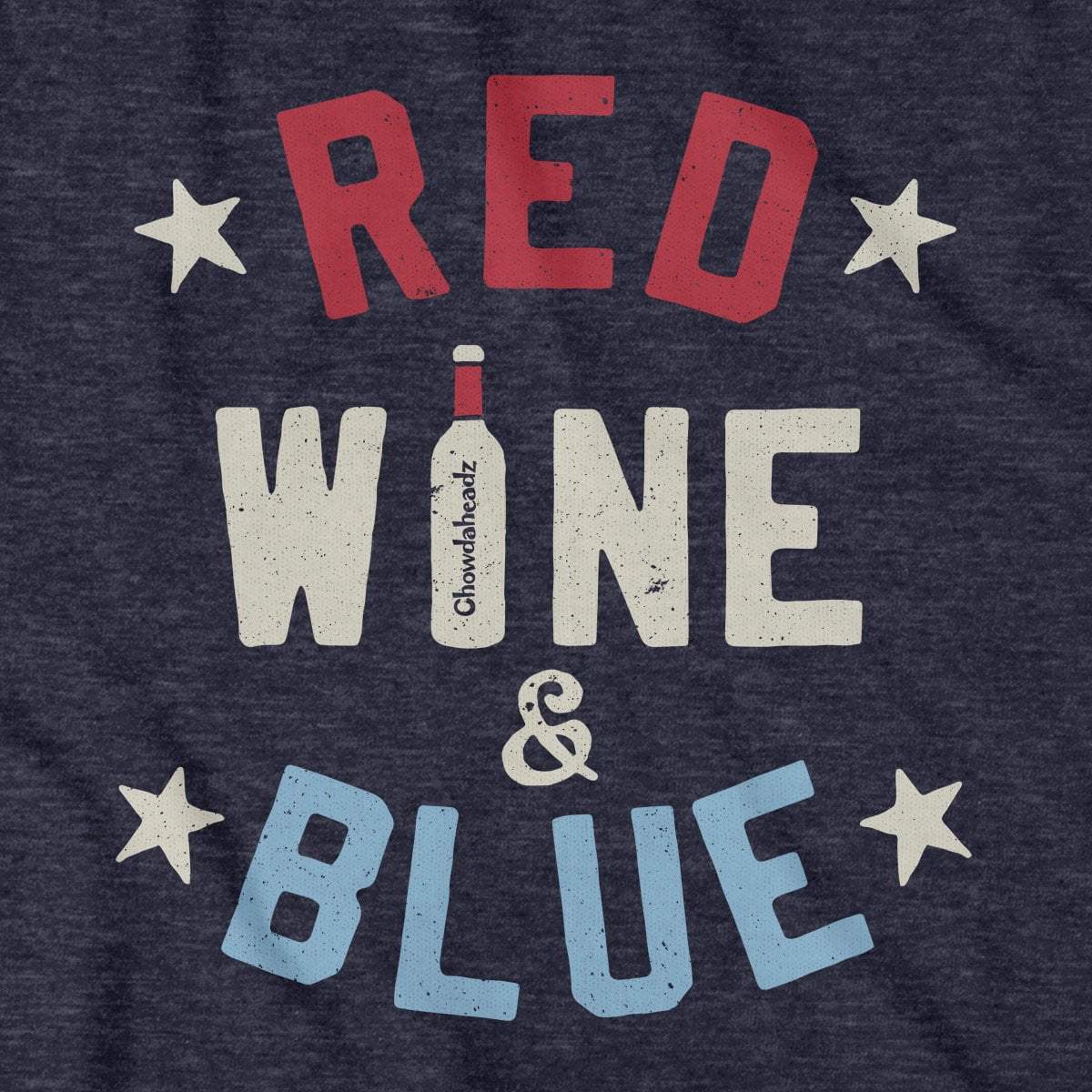Close-up of Red Wine and Blue shirt design — wine glass and flag illustration detail