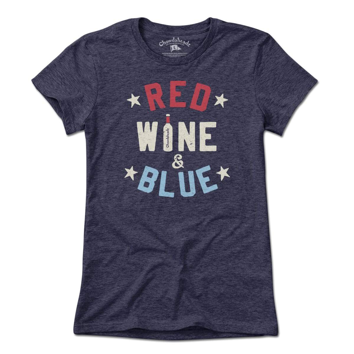 Red Wine and Blue USA ladies tee in heather blue — wine-and-flag graphic