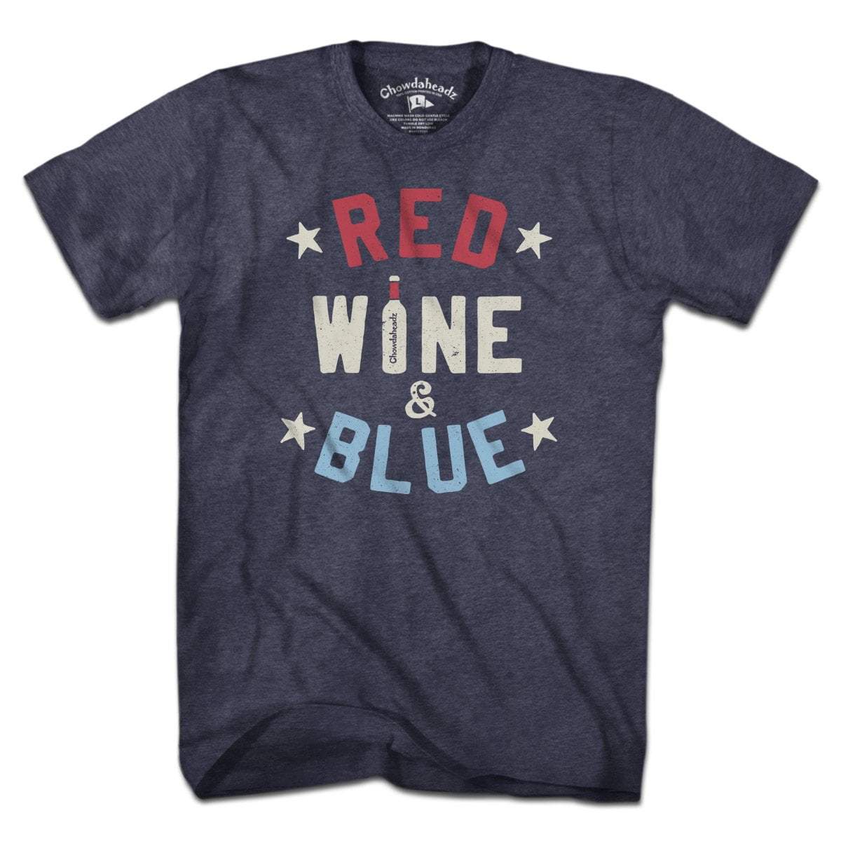 Red Wine and Blue USA t-shirt with bold pun lettering and wine-and-flag graphic — funny patriotic mom tee