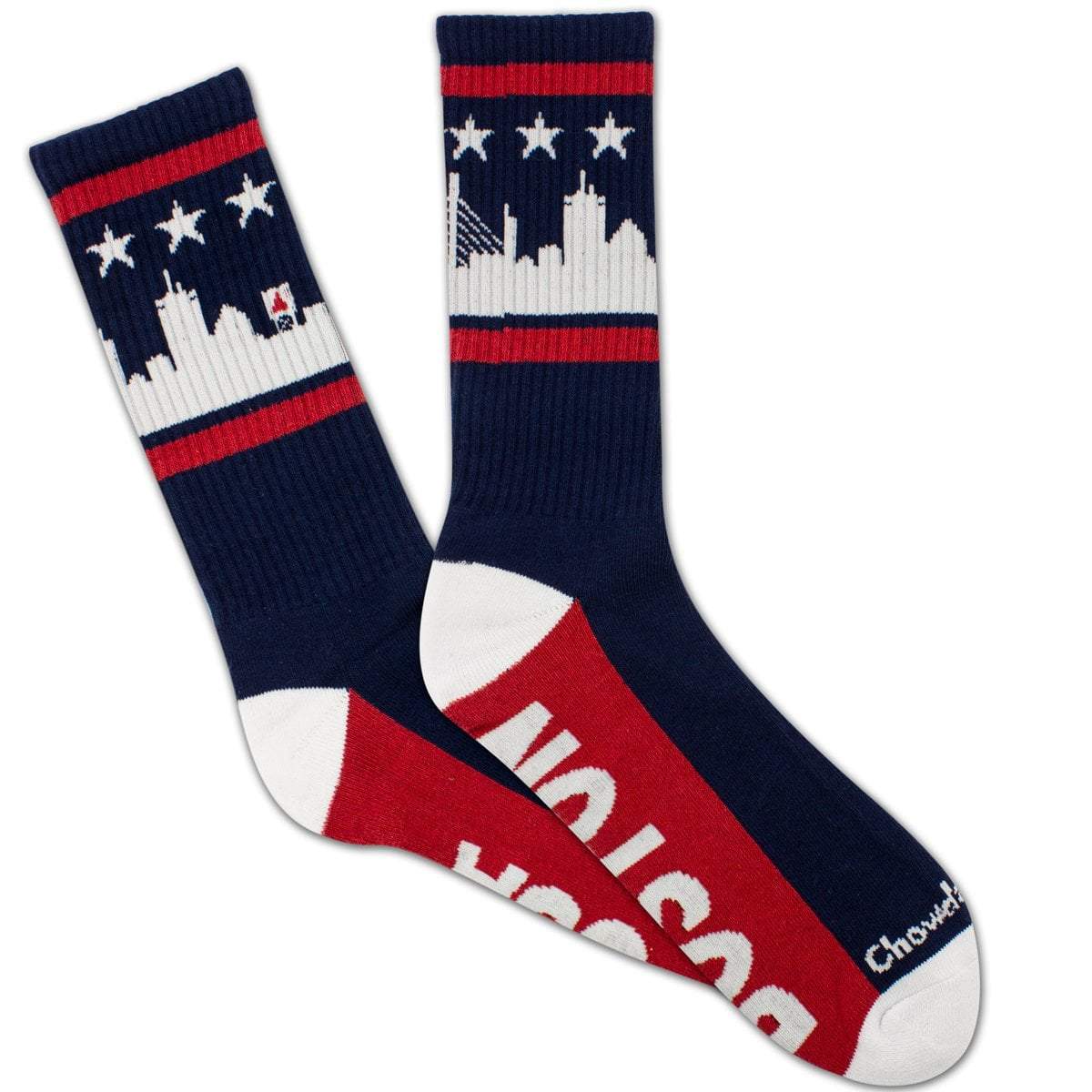 Boston USA Skyline crew socks worn — skyline and flag detail