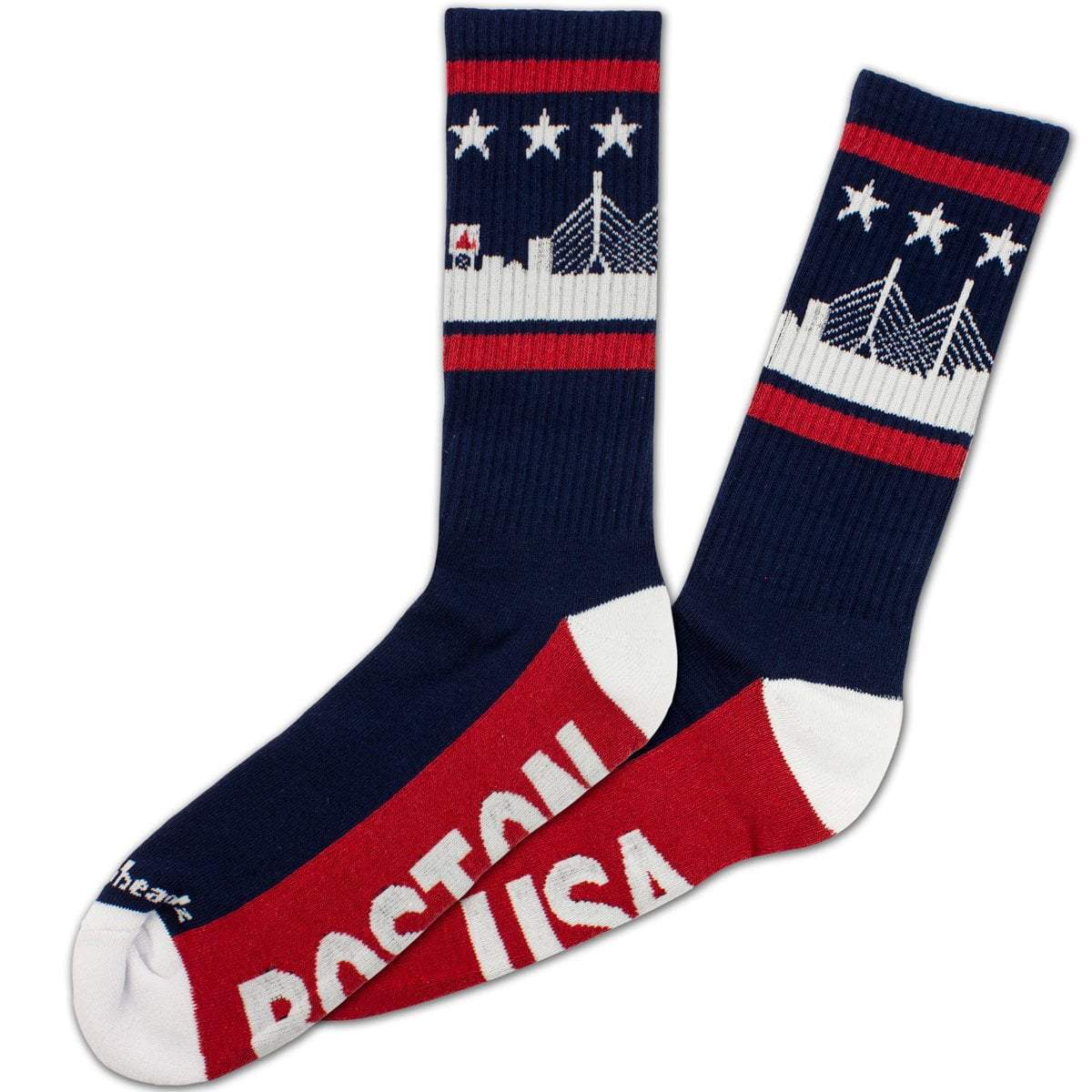 Boston USA Skyline crew socks with Boston skyline and stars-and-stripes graphic — Boston patriotic socks