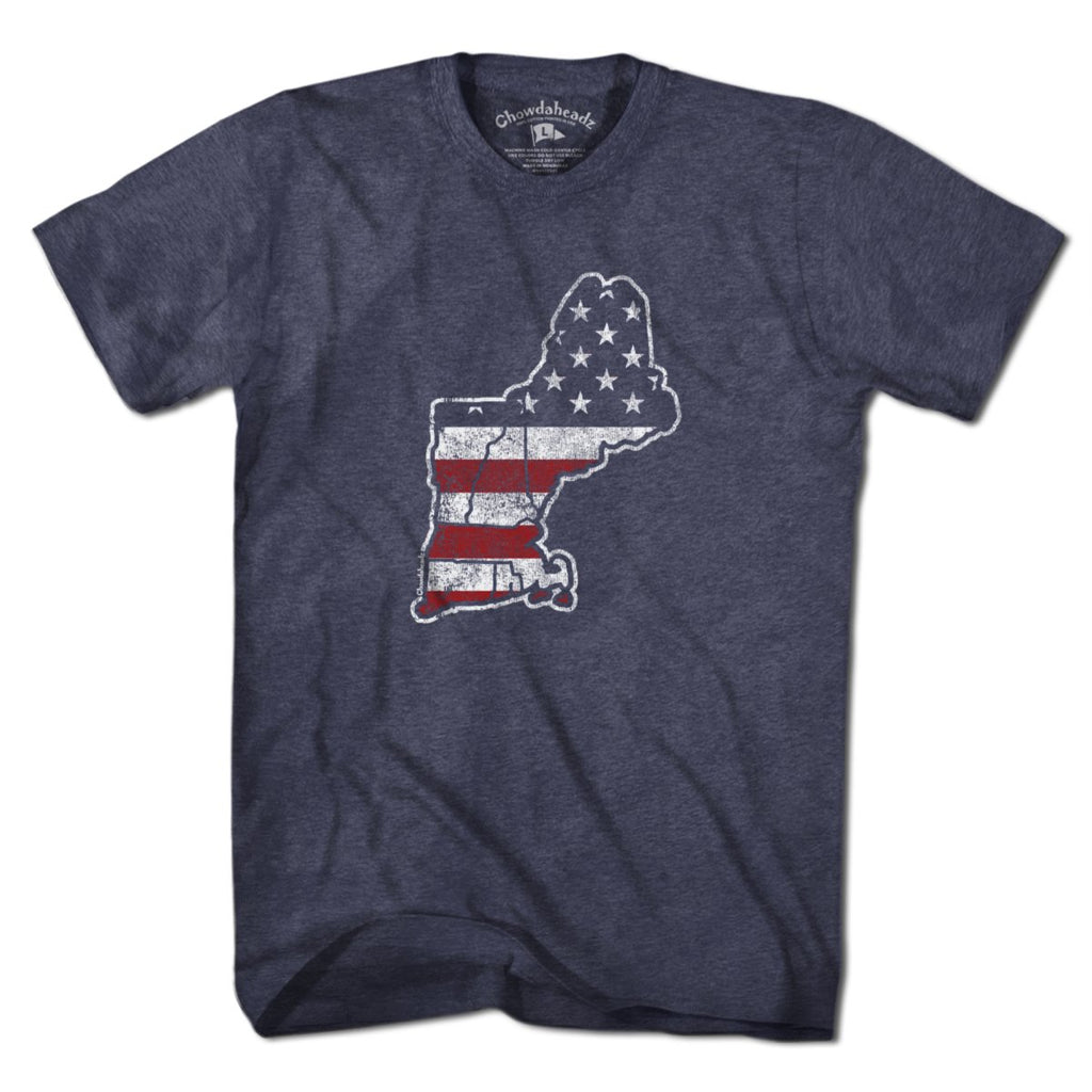 New England USA t-shirt with New England-meets-flag graphic — regional patriotic tee