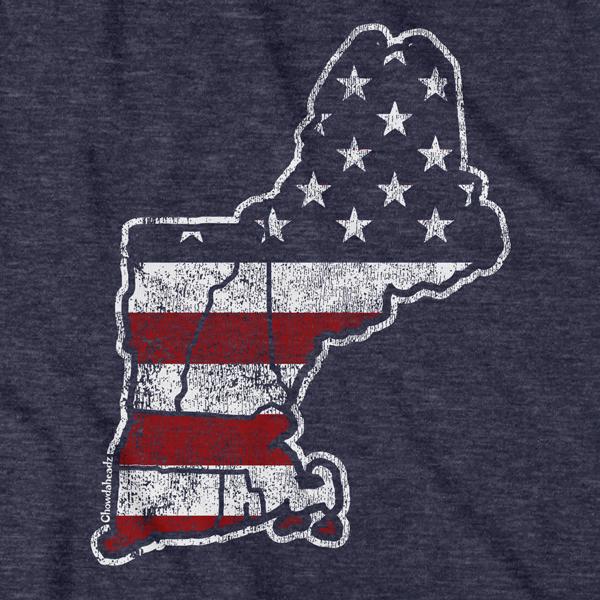 Close-up of New England USA shirt design — six-state and flag detail