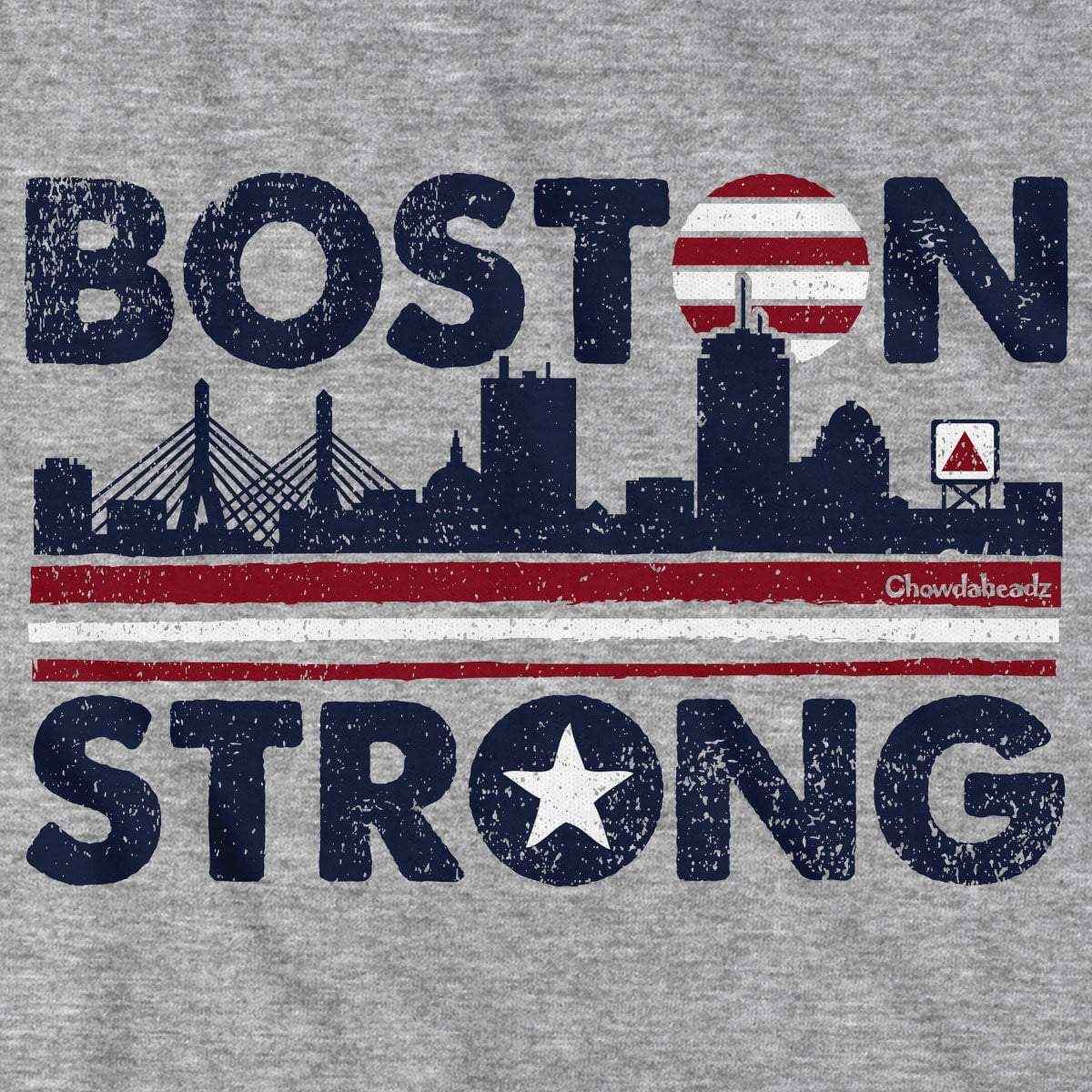 Close-up of Boston Strong USA shirt design — Boston Strong lettering and flag detail