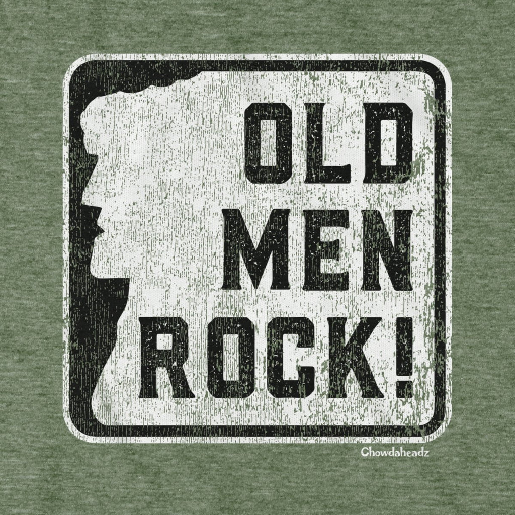 Old Men Rock Sign T-Shirt — graphic detail in Military Green