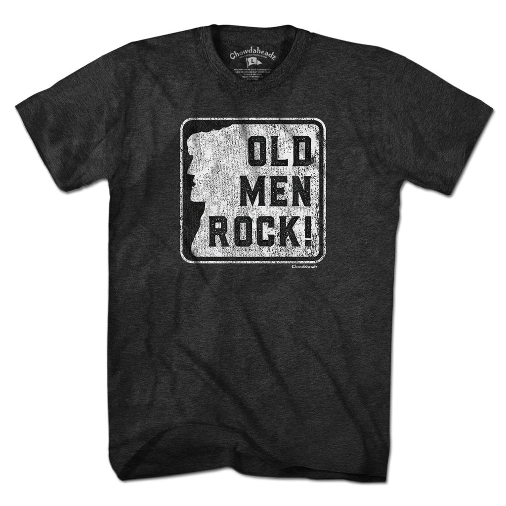 Old Men Rock Sign T-Shirt — men's tee flat lay in Charcoal
