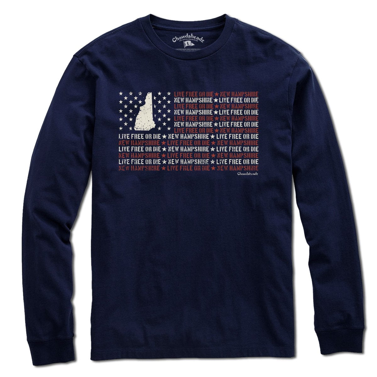 New Hampshire Live Free or Die long sleeve in navy — NH flag and motto chest graphic