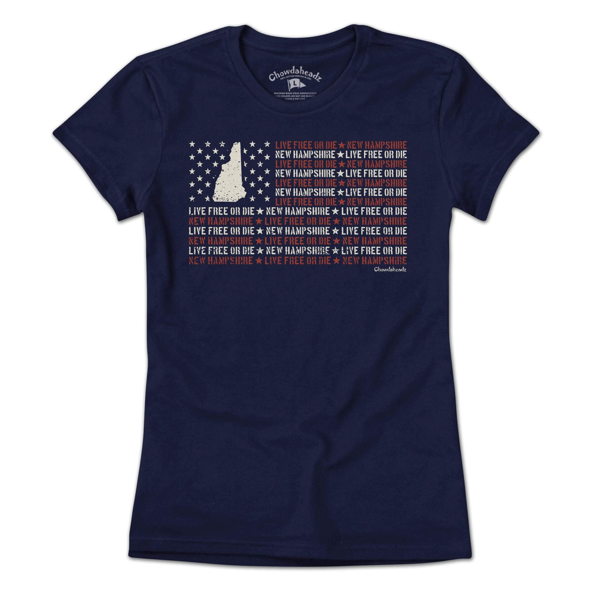 New Hampshire Live Free or Die ladies tee in navy — women's cut NH state pride graphic