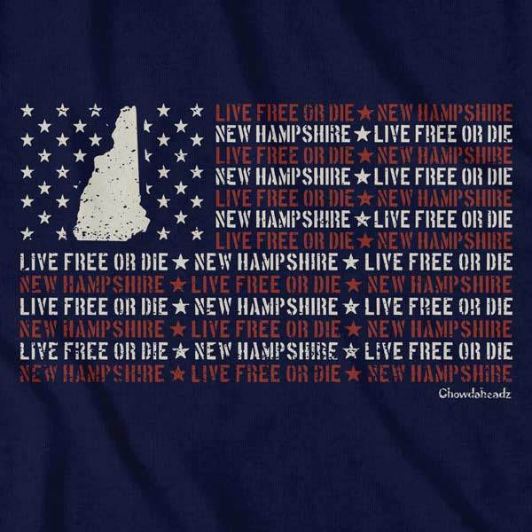 Close-up of NH Live Free or Die shirt design — state flag and motto banner detail