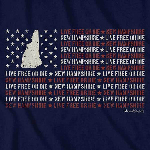 Close-up of NH Live Free or Die shirt design — state flag and motto banner detail