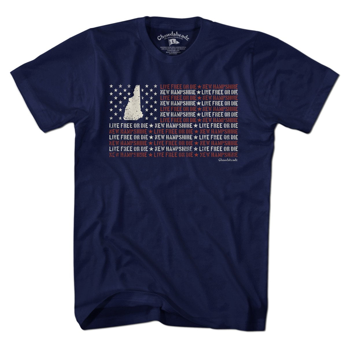 New Hampshire Live Free or Die Flag t-shirt in navy — NH state flag with motto banner