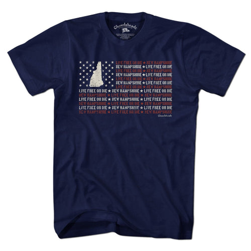 New Hampshire Live Free or Die Flag t-shirt in navy — NH state flag with motto banner