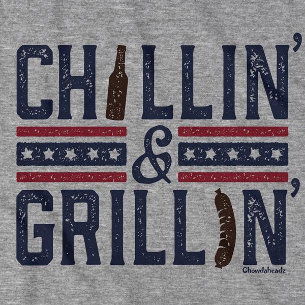 Close-up of Chillin’ & Grillin’ shirt design — grill illustration detail