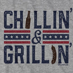 Close-up of Chillin’ & Grillin’ shirt design — grill illustration detail
