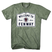 Welcome To Fenway Sign T-Shirt — men's tee flat lay in Military Green
